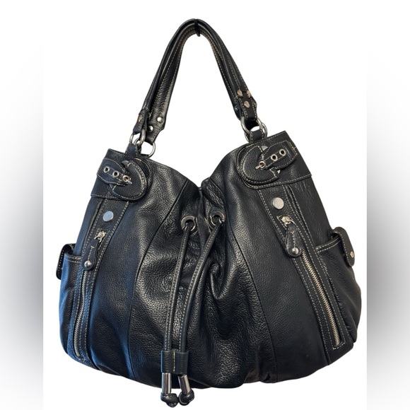 Hype Handbags - Hype Black Pebbled Leather Slouch Satchel Drawstring Buckle Y2K Shoulder Bag